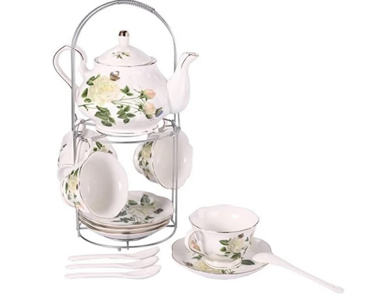14 Pc Green Floral Bone China Tea Set